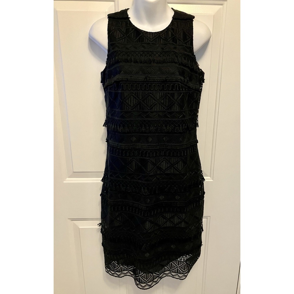 J McLaughlin Sz 0 XS Noreen Little Black Embroidered Tassel Shift Dress Women’s